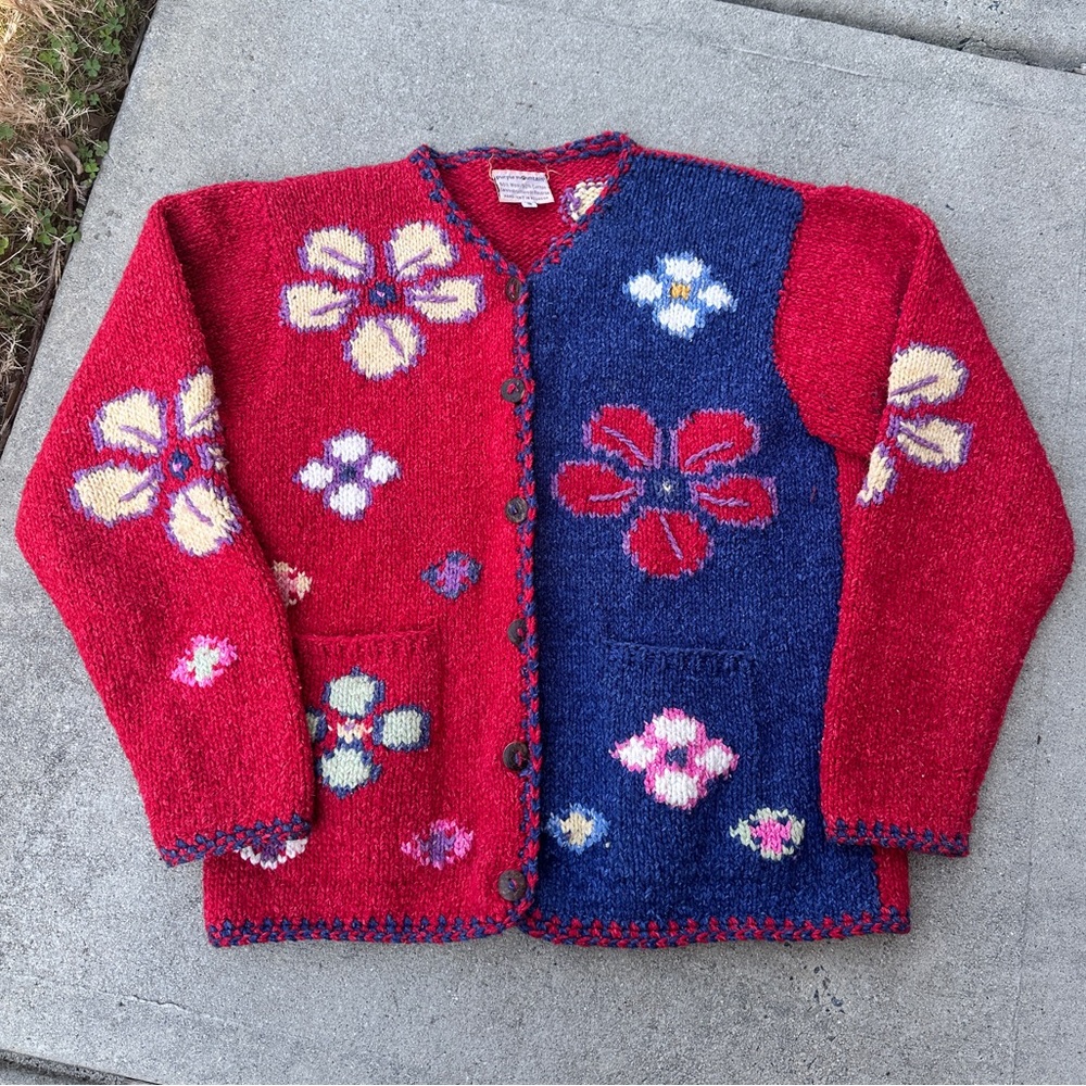 VTG Purple Mountain Hand-Knit Floral Print Cardigan